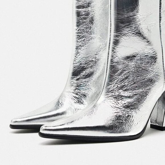 ZARA 100% LEATHER METALLIC HEELED KNEE HIGH BOOTS - Picture 4 of 13